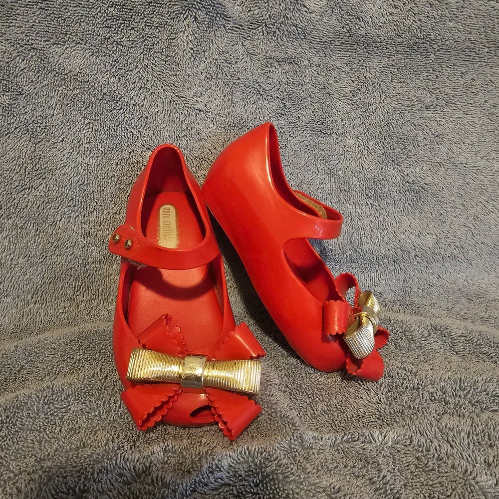 Mini Melissa Red Jelly Mary Jane Bow Shoes Gold Accents Toddler Size 7